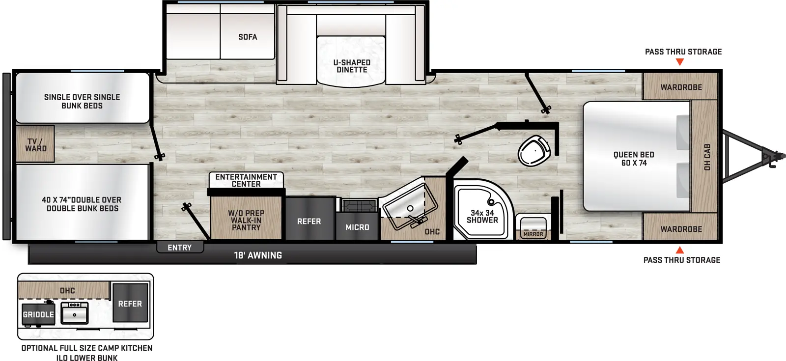 The Catalina Summit Series 8 281QBUNK floorplan has one entry and one slide out. Exterior features include: metal exterior, 18' awning and outside kitchen. Interiors features include: bunk beds, u-dinette and front bedroom.